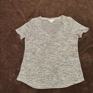 Athleta Black and White Striped V-Neck Tee